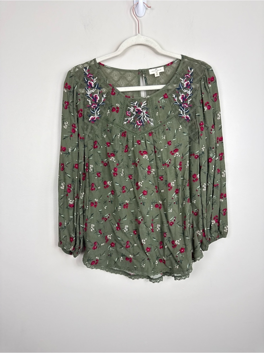 Mason & Belle Floral Top Embroidered Sheer Flowy Oversized Women Small Green Red